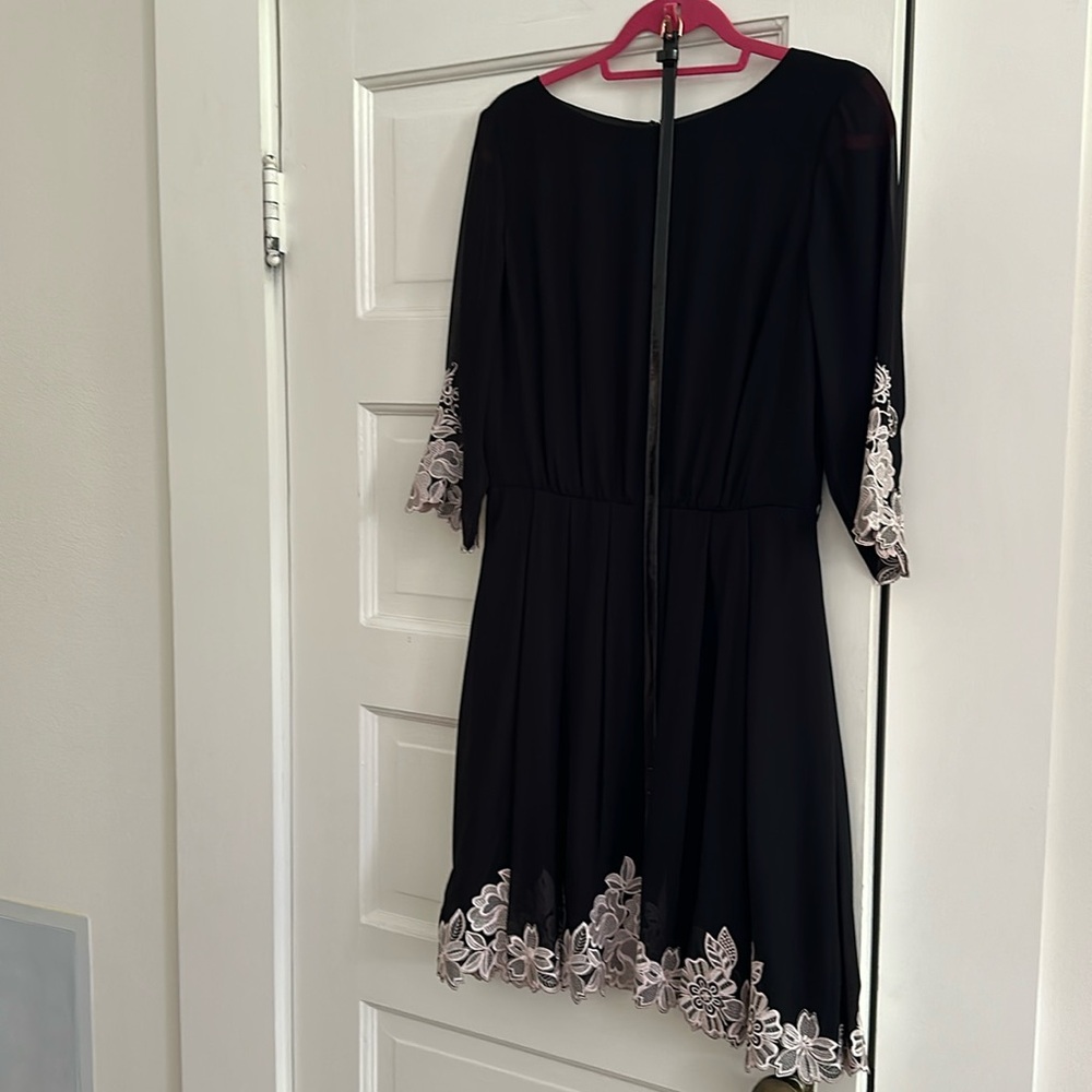 TED BAKER black dress w/ rose gold colored  details in the lace and belt buckle